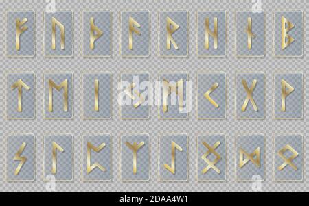 Runes made of glass with golden symbols. Isolated vector objects on a transparent background. Stock Vector