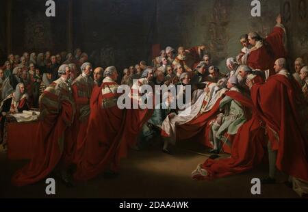 The Death of the Earl of Chatham. Painting by John Singleton Copley (1737-1815). It depicts the collapse of William Pitt, 1st Earl of Chatham, in the House of Lords, on April 7, 1778. Chatham is surrounded by his three sons and his son-in-law (Lord Mahon) and supported by the Dukes of Cumberland and Portland. Oil on canvas, 1779-1781. Detail. National Portrait Gallery. London, England, United Kingdom. Stock Photo
