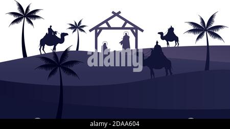 holy family mangers characters in stable with kings wise silhouettes vector illustration design Stock Vector