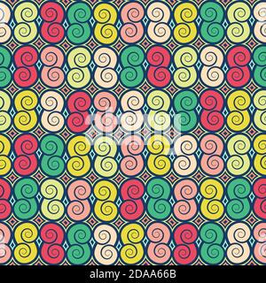 Curl spiral swirl abstract colorful ornament seamless pattern, graphic pastel multicolored tracery, doodle drawing. For fabric design, wallpaper, wrap Stock Vector