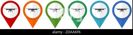 Drone, copter, aerial camera vector pointers, set of colorful flat design icons isolated on white background Stock Vector