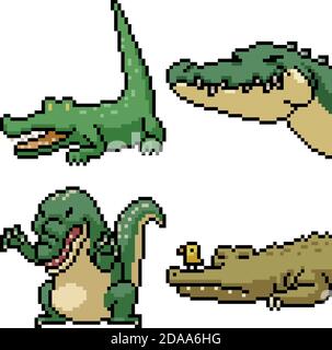pixel art set isolated funny crocodile Stock Vector
