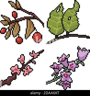 pixel art set isolated plant brunch Stock Vector