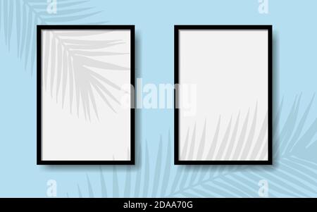Black photo frames on a blue wall with realistic shadows of a palm tree. EPS 10 Stock Vector