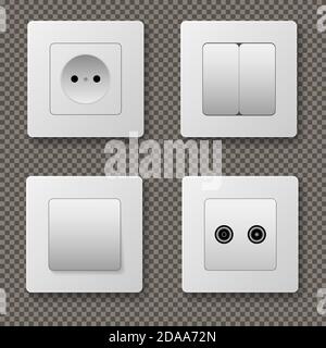 Wall switch. Power electrical socket electricity turn of and on plug vector realistic pictures. Electrical plug electric, power electricity sockets Stock Vector