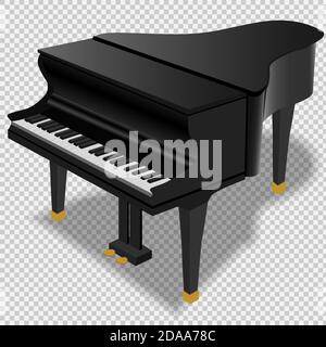 Black grand piano on a transparent background. Realistic isolated vector object. Stock Vector