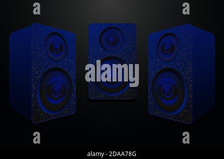 3 speakers for 3d music, blue with glitter, realistic vector illustration, EPS 10 Stock Vector