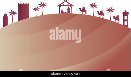 holy family mangers characters in stable with kings wise desert silhouettes vector illustration design Stock Vector