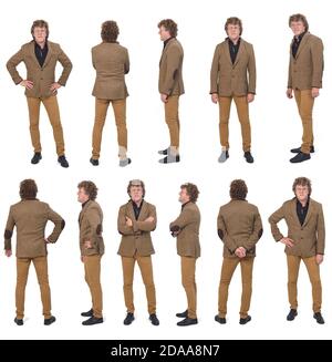 large group of same middle aged man with blazer and various poses on white background Stock Photo