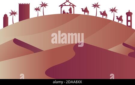 holy family mangers characters in stable with kings wise desert silhouettes vector illustration design Stock Vector