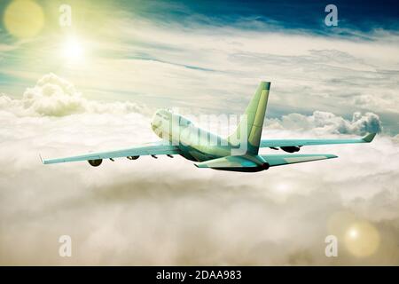 3D rendering of a passengers airplane on flight over the clouds. Stock Photo