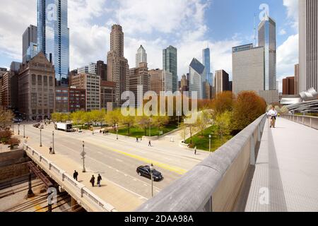 Chicago, Illinois, United States - Cityscape of skyscrapers at downtown with Nichols Bridgeway and Millennium Park. Stock Photo