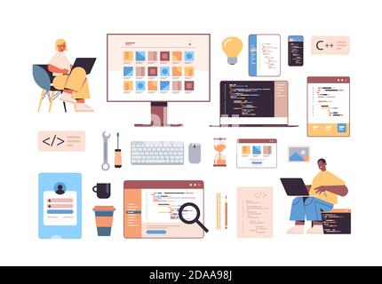 development of software and programming icons set with mix race web developers using laptops creating program code full length horizontal vector illustration Stock Vector