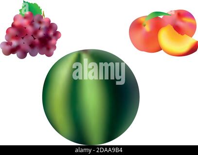 Sweet fruit. Banana, watermelon, apple, grape, peach, pear. Whole and pieces Realistic illustration 3d vector icons set Stock Vector