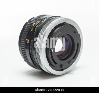 Canon FD series 50mm f1.8 lens,1970s, old and dusty condition. Stock Photo