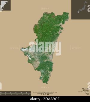 Miyazaki, prefecture of Japan. Sentinel-2 satellite imagery. Shape isolated on solid background with informative overlays. Contains modified Copernicu Stock Photo