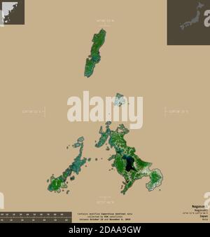 Nagasaki, prefecture of Japan. Sentinel-2 satellite imagery. Shape isolated on solid background with informative overlays. Contains modified Copernicu Stock Photo