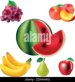 Sweet fruit. Banana, watermelon, apple, grape, peach, pear. Whole and pieces Realistic illustration 3d vector icons set Stock Vector
