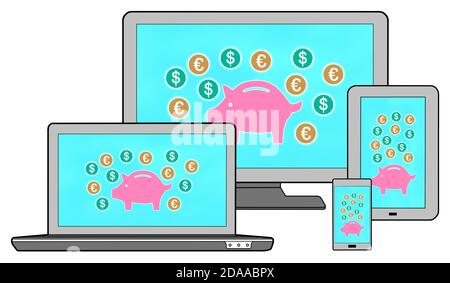 Money saving concept shown on different information technology devices Stock Photo