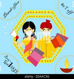 Diwali sale banner, couples holding shopping bags with weaing face mask, Bumper offer sale, 80% sale, Buy 1 get 1 offer. Stock Photo