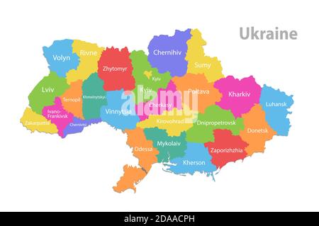Ukraine map, administrative division, separate individual regions with names, color map isolated on white background vector Stock Vector