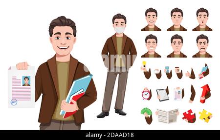 Stock vector businessman cartoon character in flat style, pack of body parts, emotions and things. Young handsome business man. Vector illustration Stock Vector