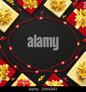 Black Friday Super Sale poster with realistic red gifts boxes Stock Vector