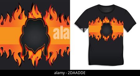 T-shirt graphic design black of with burning flames and BBQ chicken grill vector Stock Vector