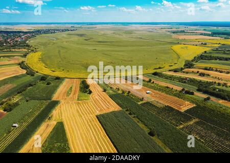 Aerial view of countryside landscape in Banat region, province of Vojvodina in north Serbia from drone pov Stock Photo