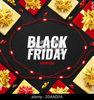 Black Friday Super Sale poster with realistic red gifts boxes Stock Vector