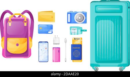 Flight essentials flat color vector objects set Stock Vector