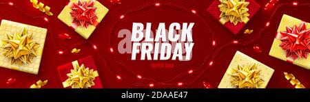 Black Friday Super Sale poster with realistic red gifts boxes Stock Vector