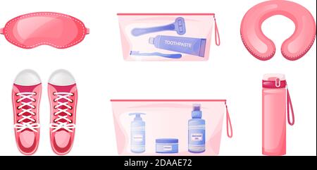 Comfortable travel flat color vector objects set Stock Vector