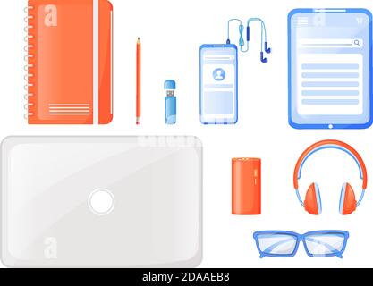 Freelancer travel essentials flat color vector objects set Stock Vector