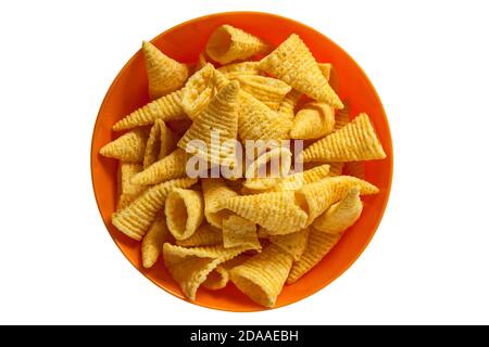 Walkers Bugles cheese flavour corn snack in colourful orange bowl isolated on white background Stock Photo