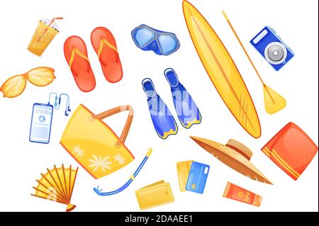 Summer beach essentials flat color vector objects set Stock Vector