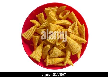 Walkers Bugles cheese flavour corn snack in colourful red bowl isolated on white background Stock Photo