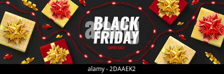 Black Friday Super Sale poster with realistic red gifts boxes Stock Vector