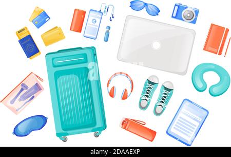 Travel essentials flat color vector objects set Stock Vector