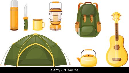 Camping equipment flat color vector objects set Stock Vector