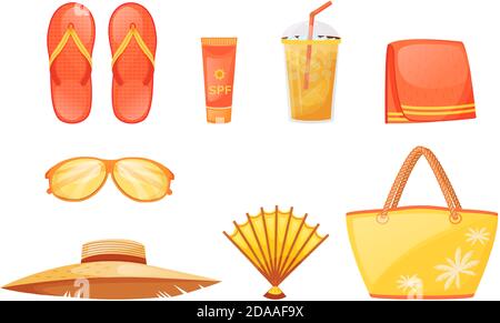 Sunbathing essentials flat color vector objects set Stock Vector