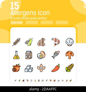 Allergens line color icons vector set. Isolated on white background. Allergens icon with lineal color style. Food allergens symbols emblems signs Stock Vector