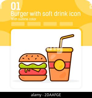 Burger with soft drink premium icon with outline color style isolated on white background. Vector illustration sign symbol pixel aligned icon concept Stock Vector