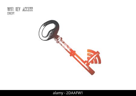Wi-fi key access concept. Hand drawn isolated vector. Stock Vector