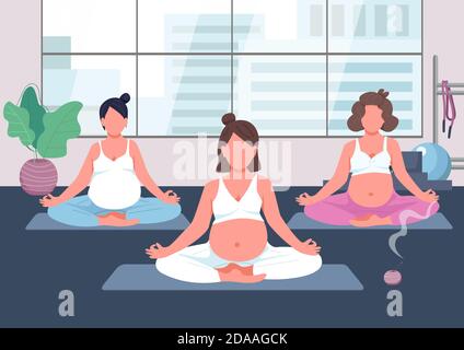 Pregnancy yoga group flat color vector illustration Stock Vector