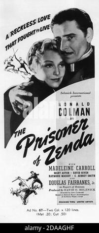 RONALD COLMAN and MADELEINE CARROLL in THE PRISONER OF ZENDA 1937 director JOHN CROMWELL novel Anthony Hope screenplay John L. Balderston music Alfred Newman costumes Ernest Dryden art direction Lyle R. Wheeler producer David O. Selznick  Selznick International Pictures / United Artists Stock Photo