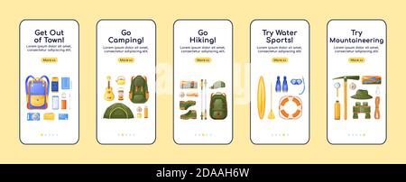 Travel equipment onboarding mobile app screen flat vector template Stock Vector