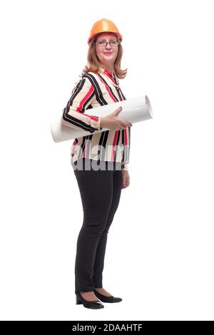 in full growth. smiling woman architect with drawings Stock Photo