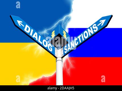 Political metaphor concept. Waymark with the words DIALOG and SANCTIONS against of the Ukrainian and Russian flags symbolizing the the conflict of civ Stock Photo