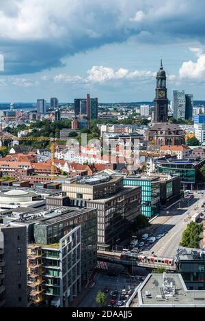 Hamburg, Germany - August 21, 2019: Overview of Hamburg seen from Church of St. Nicholas (Nikolai) in Germany Stock Photo